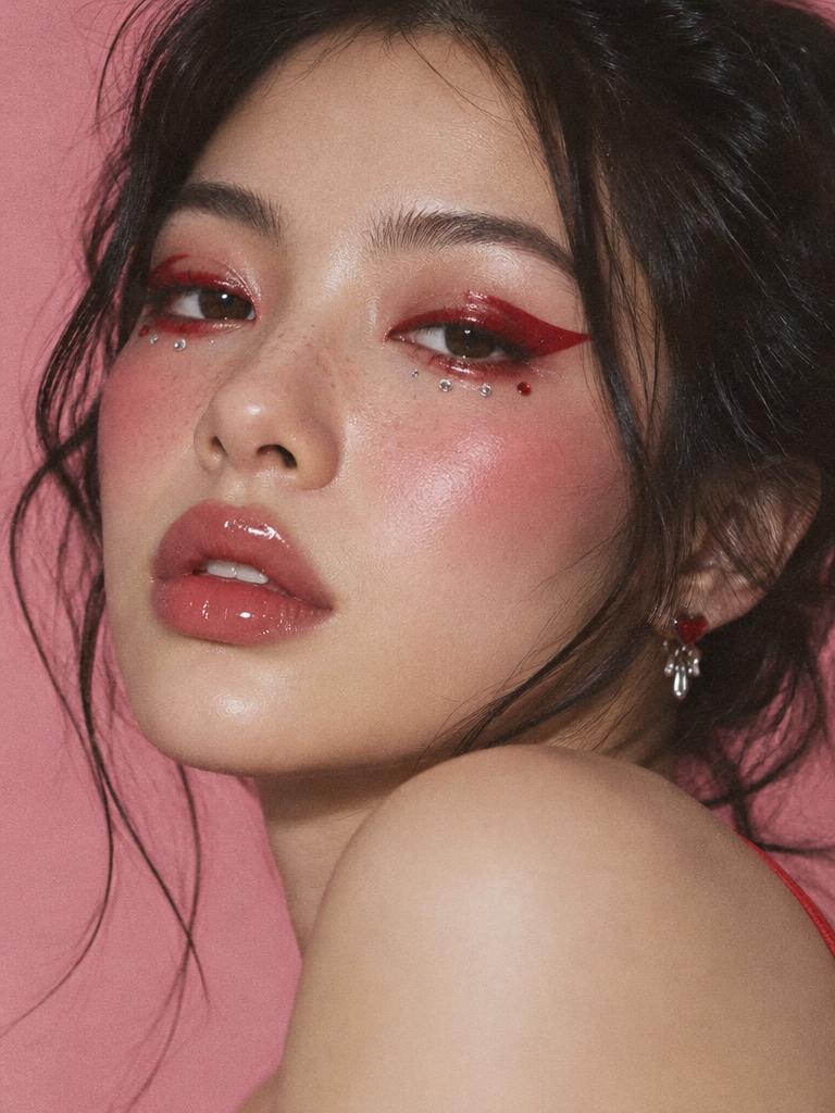 Cherry red graphic liner with gems
