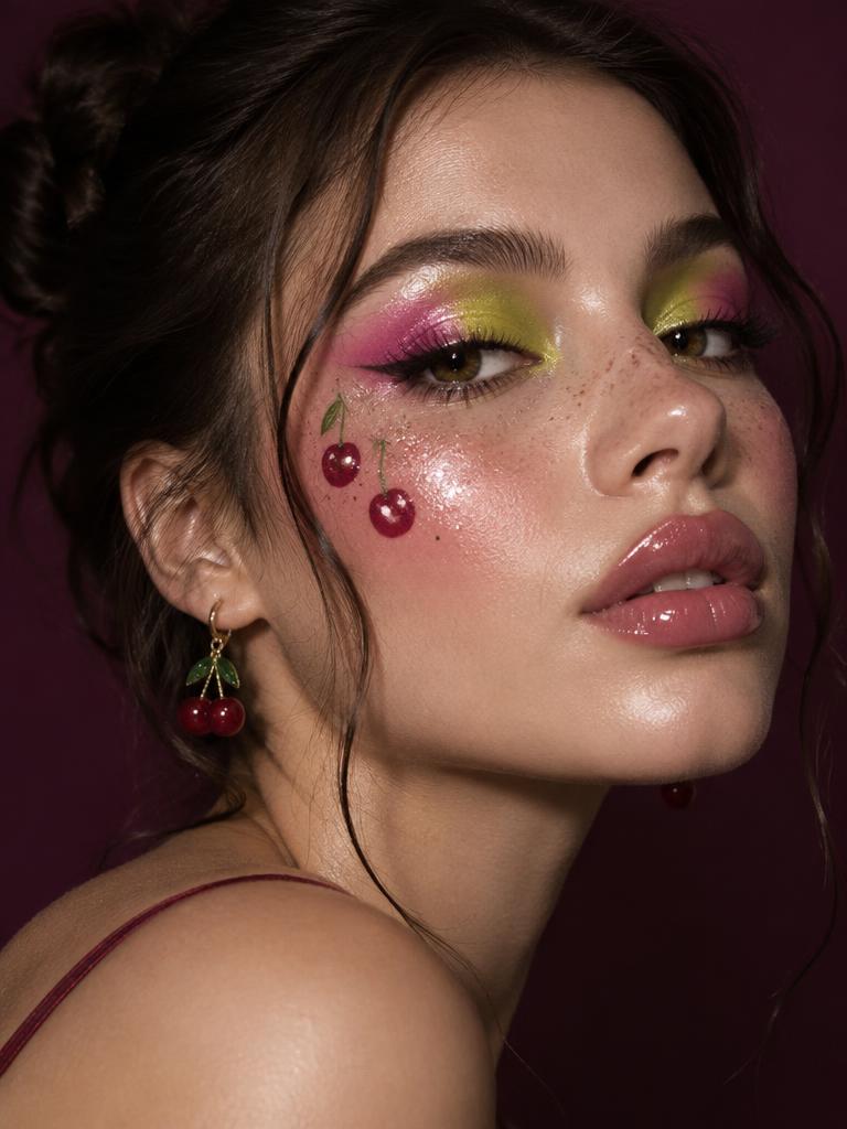 Lime and pink eyeshadow with painted cherries